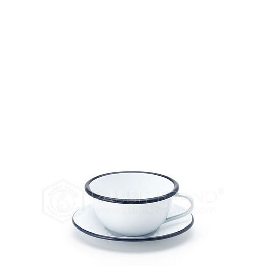 tasse à thé métal émaillé blanche a/ soucoupe